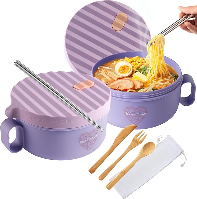 AI LOVE PEACE Ramen Bowls, 40 oz Large Microwavable Noodle Bowls (2 Purple) with Chopsticks, Sporks, and Utensil Bag, Portable Microwave Bowl for Home, Office, Dorm, or College Gift.