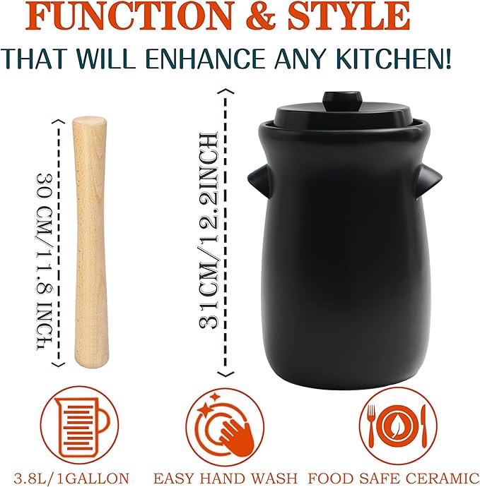 Fermentation Crock 3.8Liter/1 Gallon Stoneware Pot for Fermenting, Pickling Kimchi, Pickles, Vegetables, Kombucha - Glazed Fermenter with Stone Weights, Lid & Pickle Tamper-Black Crock