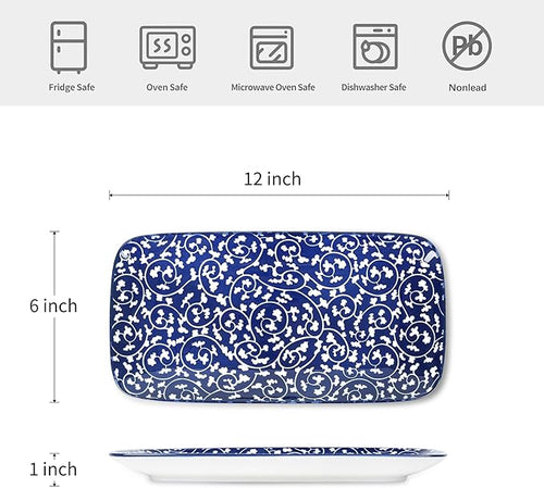 Selamica Ceramic Serving Platters, 12 Inch Serving Trays for Party Entertaining, Large Rectangular Serving Plates for Food, Set of 6, Vintage Blue