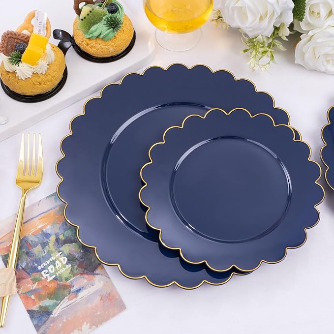 LIYH 60 Pcs Navy Blue Plastic Scalloped Plates with Gold Rim, Blue and Gold Disposable Plates for Party Included 30 Dinner Plate 10.25 30 Dessert Plate 7.5 Inch for Memorial Day,Independence Day