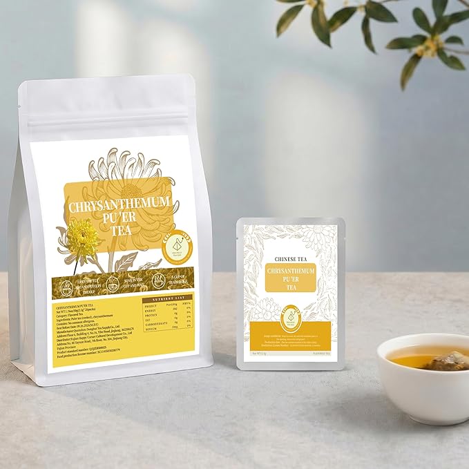Chrysanthemum Pu-erh Tea Bags – 20 Pyramid Sachets | Floral Ripe Pu-erh Black Tea Blend, Individually Wrapped | Hot or Iced