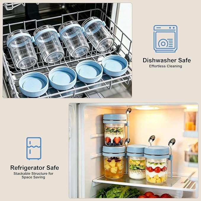 4 Pack Overnight Oats Containers with Lids and Spoons - 16 oz Glass Mason Jars with Dressing Cup, Over night Oat Jars for Meal Prep, Yogurt Parfait Cup for Chia Seed Salad (Blue)