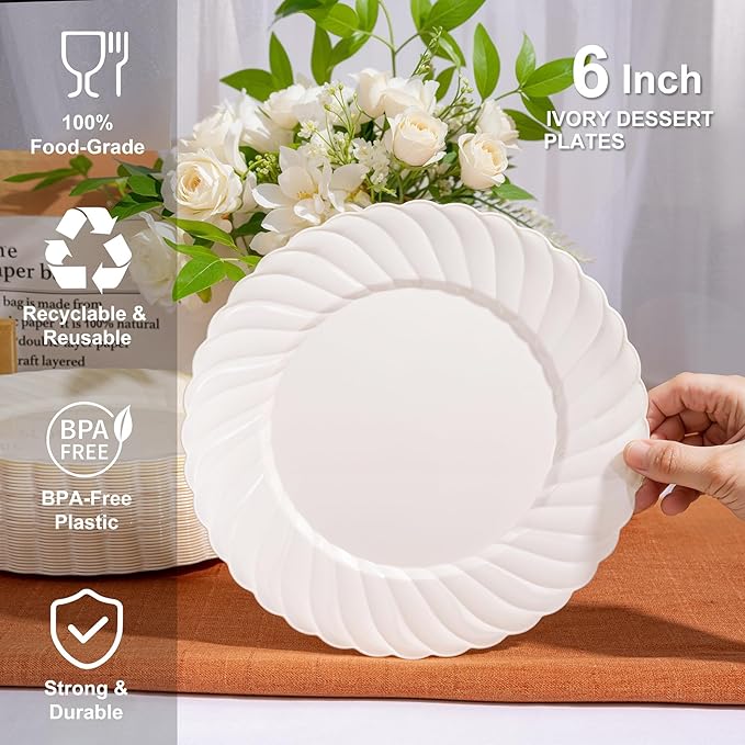 U-QE 100 Count 6 Inch Ivory Plastic Plates - Scalloped Dessert Plates Disposable - Premium Fancy Disposable Heavy Duty Party Supplies for Party, Celebrations, Weddings and Events