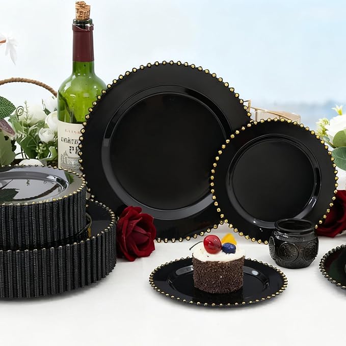 supernal 100pcs Black and Gold Plastic Plates,Black Disposable Plates,Halloween Party Supplies Including 50 Dinner Plate and 50 Disposable Dessert Plate,Heavy Duty Plastic Platos for Halloween,Party
