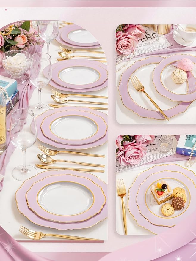 WDF 60Pcs Pink Plates Disposable with Gold Rim - Baroque Clear Pink and Gold Plastic Party Plates Ideal for Wedding/Baby Shower/Spring