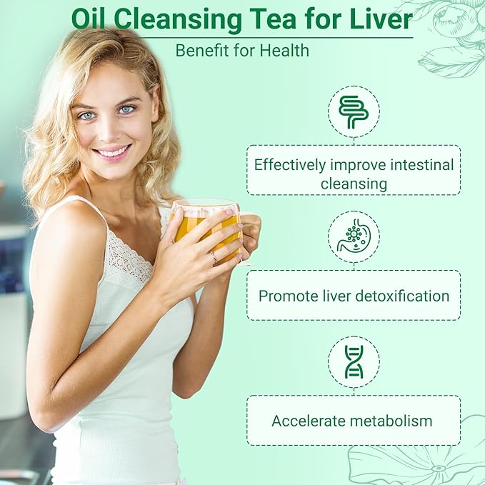 Oil Reducing Tea, 100% Pure & Natural Oil Cleansing Tea with 10 Precious Ingredients Formula for Liver Detoxification, Effectively Improve Intestinal Cleansing (2 Box/30 Bags)