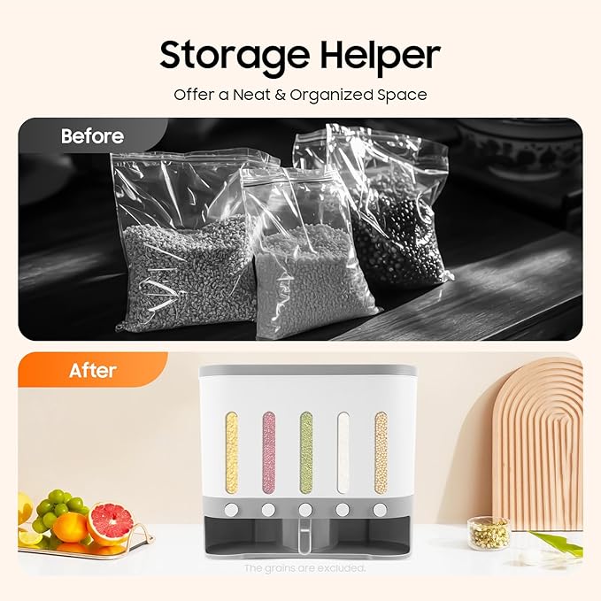 23 Pounds Dry Food Dispenser Wall Mount Dry Food Dispenser, 5 Grid Countertop Rice Coffee Bean Dispenser Wall Cereal Dispenser Storage Containers for Kitchen