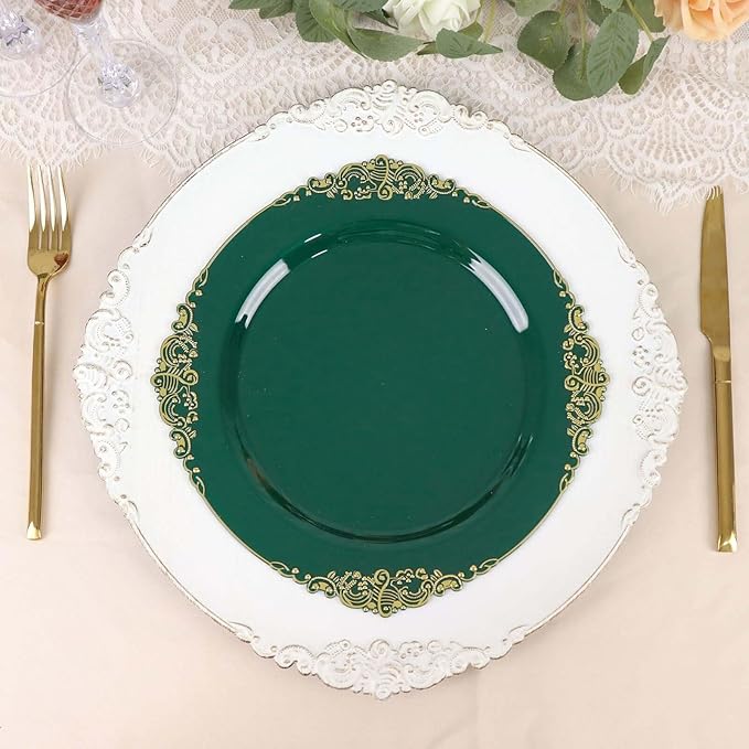 Efavormart 10 Pack | 10" Hunter Emerald Green and Gold Baroque Dinner Plates, Leaf Embossed Metallic Rim Heavy Duty Serving Plates for Forest Themes