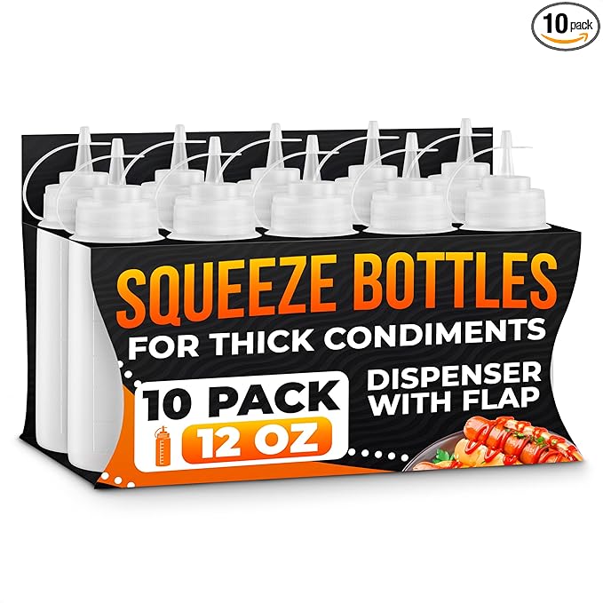 10-Pack Plastic Condiment Squeeze Bottles 12 oz – Refillable Squirt Bottles with Narrow Tip, Leak-Resistant | Great for Oil, Sauces, Ketchup, Mayonnaise, Syrup, Dressing, Summer BBQ and Catering Use