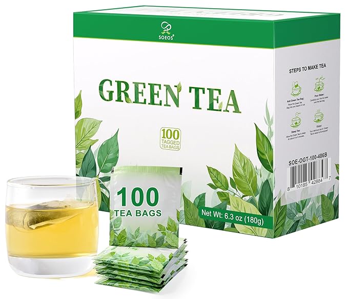 Soeos Green Tea, 6.3 oz (180g), 100 Tea Bags, Refreshing and Fragrant, Sustainably Sourced, Ideal for Hot or Iced Tea, Long-Lasting Freshness