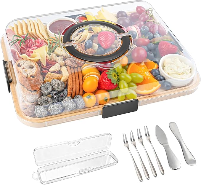 Charcuterie Board Set with Lid, Travel Portable Design Bamboo Cheese Board, Gift for Housewarming, Christmas, Weddings, Picnics (1 Compartment)