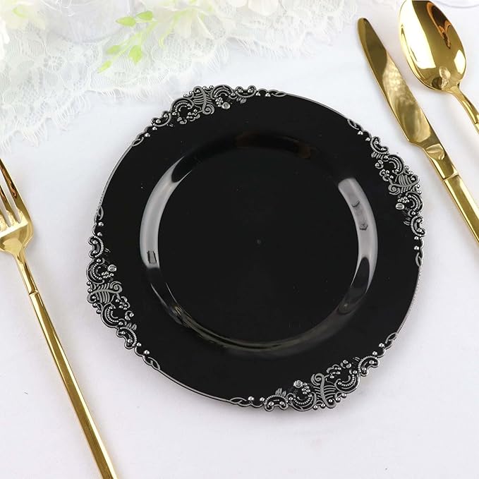 Efavormart 10 Pack | 8" Black and Silver Baroque Dessert Plates, Leaf Embossed Metallic Rim Heavy Duty Appetizer Plates for Industrial Chic Events