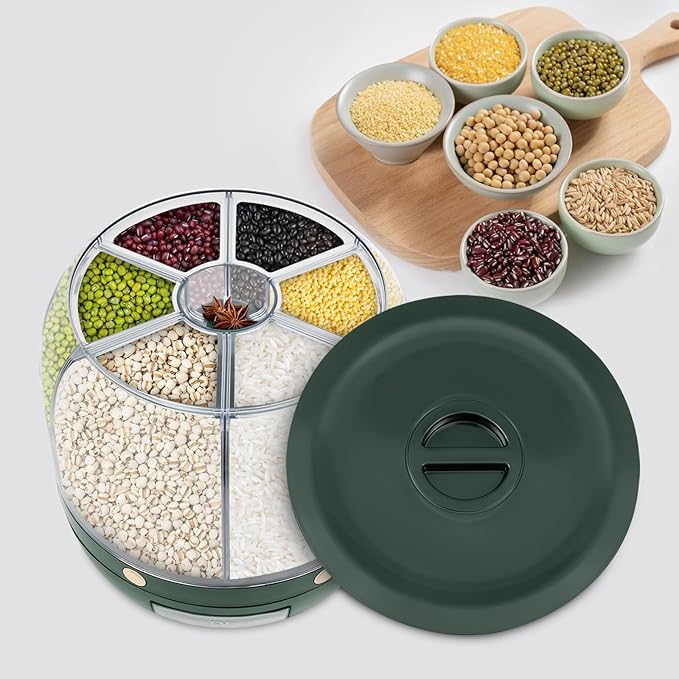 Grain Storage Container Dispenser, 6 Grids rice dispenser rotating, 360° rotating food dispenser One-Click Output rice Storage Round Grain Dispenser Kitchen (Light Green 1.2kg)
