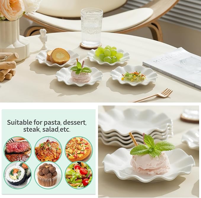 6 Inch Ceramic Dessert Plates Set of 18, Small Salad Plates, Porcelain Wave Rim Dinner Plates, Mini Appetizer Plates for Cake Waffles Snacks Side Dish, Oven Microwave Dishwasher Safe, White