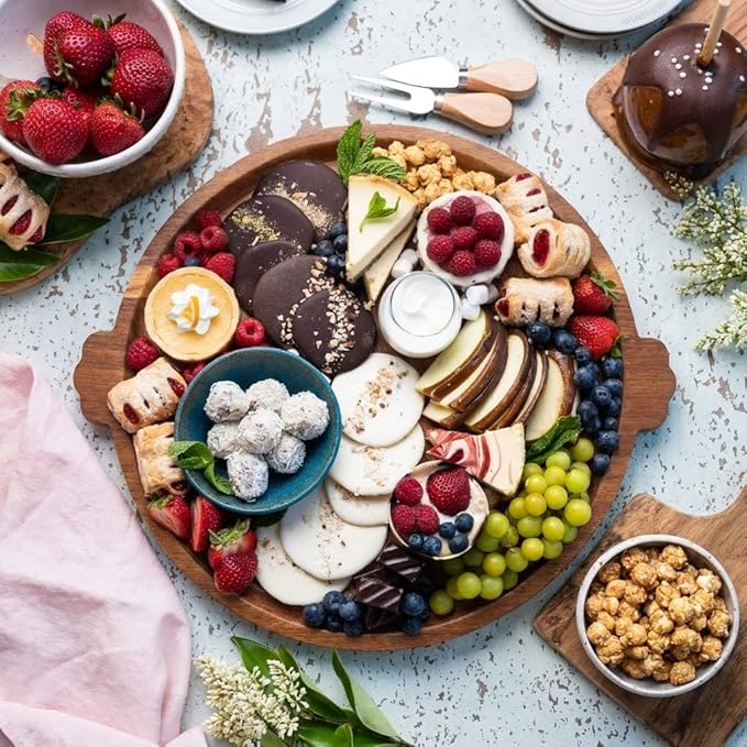 Charcuterie Board | Acacia Wood Serving Tray with Handles 13'' | Round Decorative Ottoman Coffee Table Tray | Circular Wooden Cheese Board Serving Platter for Party Supplies