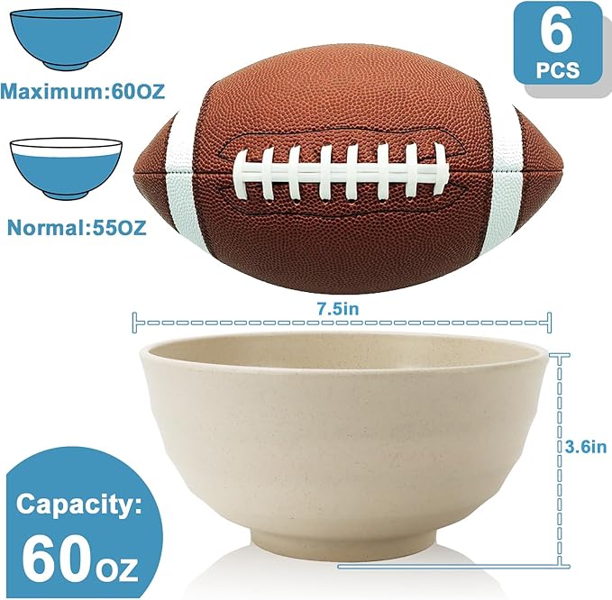 Wheat Straw Bowls 60 OZ, Unbreakable Large Salad Bowls Set of 6, Plastic Kitchen Bowls for Ramen, Soup, Cerea, Microwave and Dishwasher Safe Big Popcorn Bowls for Camping, RV, Party (Multi Colors)