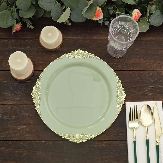 Efavormart 10 Pack | 10" Sage Green and Gold Baroque Dinner Plates, Leaf Embossed Metallic Rim Heavy Duty Serving Plates for Spring Receptions