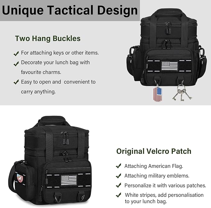TENKIST Expandable Tactical Lunch Box, Large Insulated Lunch Cooler Bag Heavy Duty Leakproof Lunch Pail for Men Adults Work Office Outdoor Picnic Trips,16L,Black