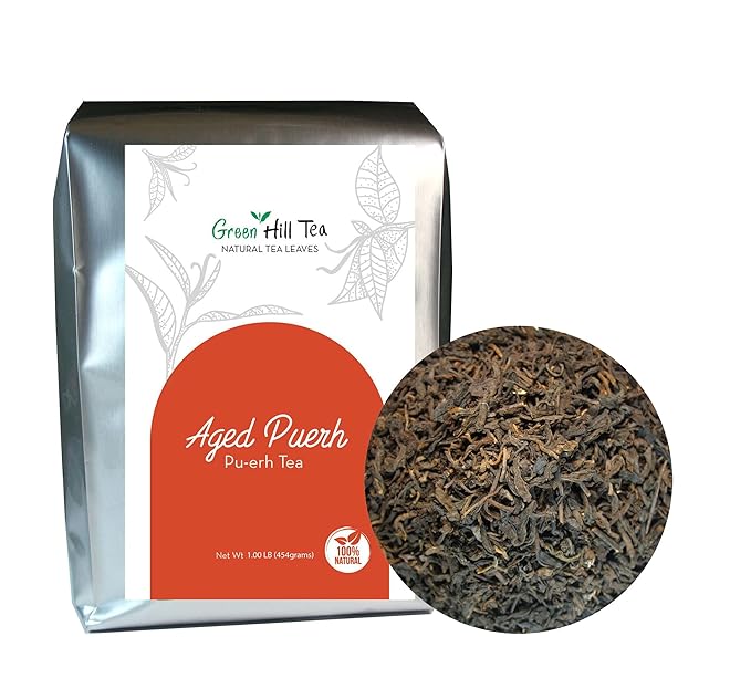 GreenhillTea Aged puerh tea Yunnan Pu-erh – Fermented Loose Leaf Tea, Smooth & Earthy Flavor, Pu-erh tea is an excellent, nutrient-rich choice for brewing kombucha, NO GMO , NO Additives , 100% natural 1 LB