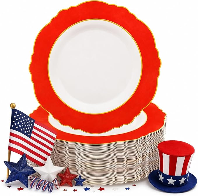 WDF 60pcs Red Plastic Plates with Gold Rim - 10.25inch Red Dinner Plates Disposable Plates for Mother's Day Wedding Party Birthday/Memorial Day/4th of July