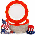 WDF 60pcs Red Plastic Plates with Gold Rim - 10.25inch Red Dinner Plates Disposable Plates for Mother's Day Wedding Party Birthday/Memorial Day/4th of July