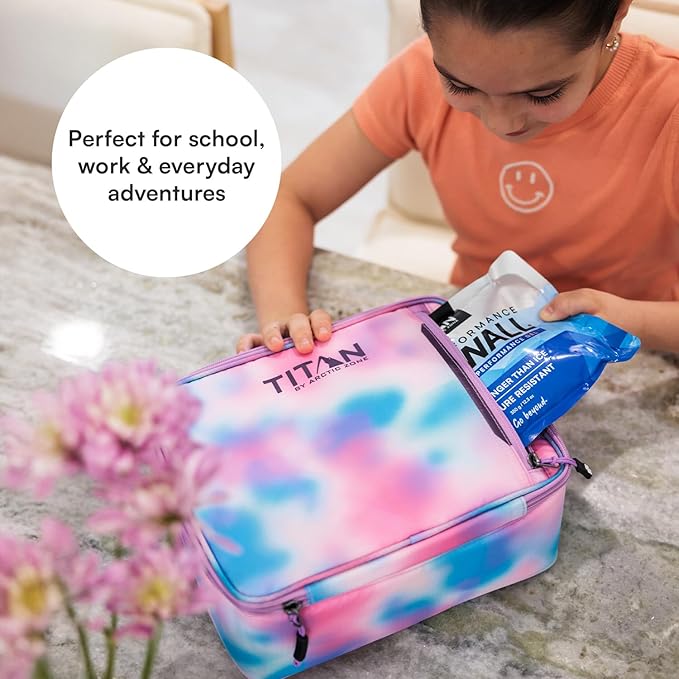 Titan by Arctic Zone Fridge Cold Lunch Box with 2 Gel Ice Packs, Small Insulated Cooler Bag with Leak Proof Lining for School and Work, Cotton Candy