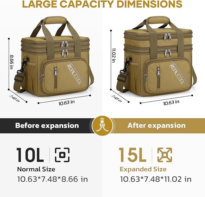 RealCool Lunch Bag, Insulated Lunch Box for Men Women, Double Deck Leakproof Soft Cooler Bag with Adjustable Strap, Reusable Lunchbox for Work, Travel, Camping (Khaki)