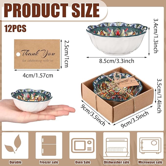 12 Pcs Wedding Favors for Guests 3.3 Inches Small Ceramic Bowl Dipping Bowl Mexican Pottery Boho Dishes Wedding Souvenirs for Bridal Pooja Baby Shower Birthday Guest Return Gift (Floral)