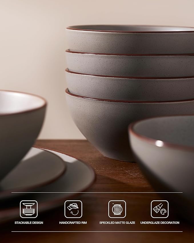 Famiware Venus 16-Piece Stoneware Dinnerware Sets with Mugs, Plates, Bowls, Service for 4, Matte Dark Gray - Modern Ceramic Chip‑Resistant Dishes for Everyday & Formal Use, Microwave & Dishwasher Safe