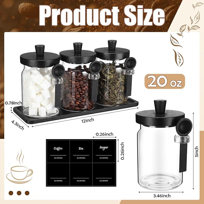 Suclain 3 Pcs Glass Coffee Container with Wooden Lid Spoon Shelf Labels Clear Airtight Jar Food Storage Canister Set for Sugar Spice Coffee Bean Holder Housewarming Gift(20 oz,Black Bamboo)