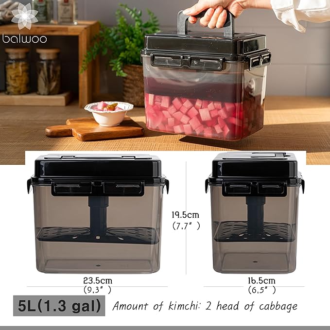 SMART Automatic Press Plate Food Storage Container for Kimchi Sauerkraut Pickle Fermentaion/Airtight Lid Food Storage Container for Preserved Food Bulk Fermentation (5L / 1.3 gal)