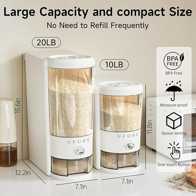 UFORU Rice Dispenser 20 lbs | Large Rice Storage Container for Kitchen&Pantry - Space-saving, Moisture & Pest-proof, BPA-Free - Dry Food Dispenser with One-Touch Dispenser & Measuring Cup for Families