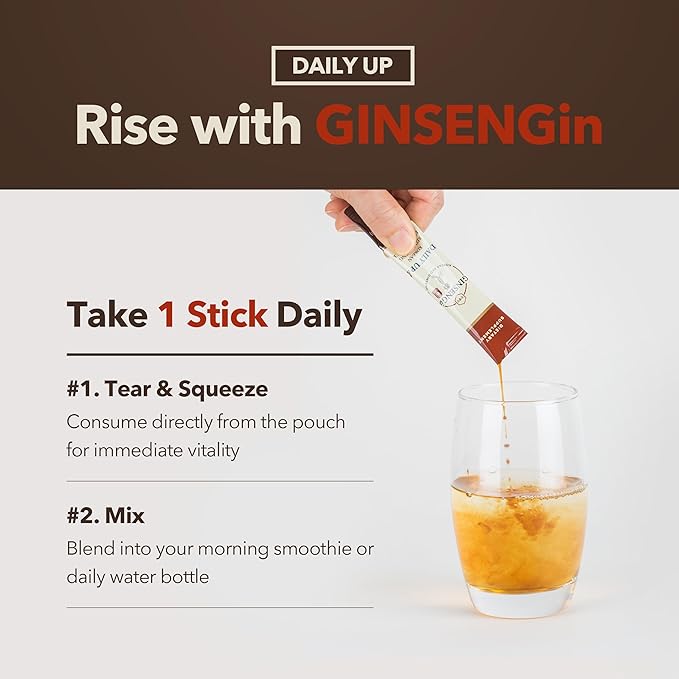 DailyUp Korean Red Ginseng Liquid Sticks — 1000mg, 6-Year Root, No Sugar Added, Caffeine Free, Vegan — Korean GMP Certified, 30 Single-Serve Sticks (1-Month Supply)
