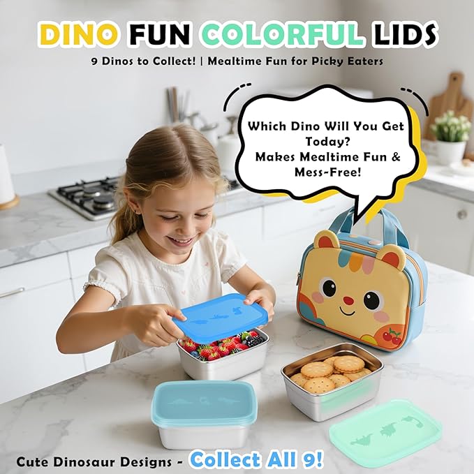 Tanjiae 3-Pack Stainless Steel Snack Containers for Kids & Toddlers - 550ml (18oz) Leakproof Colorful Lids with Cute Dinosaurs | LFGB Certified, Stackable Metal Lunch Box for Daycare, School, Travel