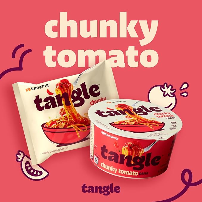 Samyang Tangle Chunky Tomato Linguine Savory Garlic and Onion Flavor Italian Inspired Sauce Air Dried Noodle Easy Cook Pasta 3.63 oz (Pack of 4)