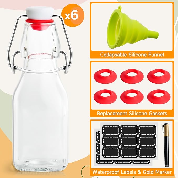 WILLDAN 4oz-6 Pack Swing Top Glass Bottles - Flip Top Brewing Bottles For Kombucha, Kefir, Vanilla Extract, Mead, Vinegar, Beer- Airtight Stopper Lids - Comes With Extra Gaskets, Funnel and Labels