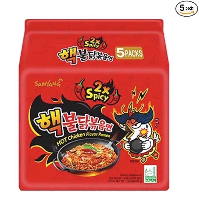Samyang Buldak Spicy Ramen, Hot Chicken Ramen, Korean Stir-Fried Instant Noodle, 2X Spicy, 1 Bag with 5 Pack