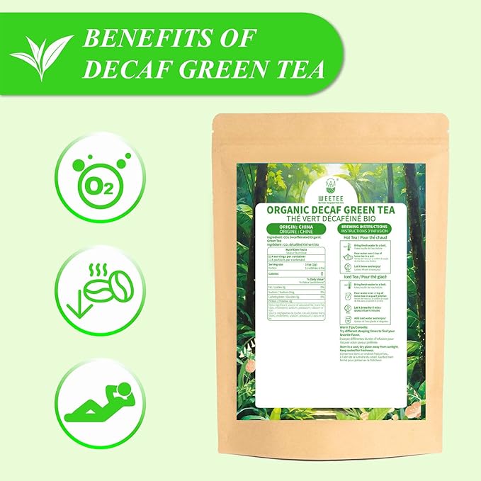 WT WEETEE Organic Decaf Green Tea Loose Leaf, 110+ Cups, Made of CO2-Decaffeinated Green Tea Leaves, Naturally Sweet, Smooth and Refreshing, 228g /8oz