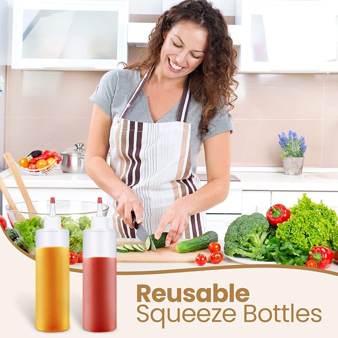 Irenare 30 Pack Plastic Condiment Squeeze Bottles for Sauces Empty Squirt Bottle with Top Cap for Condiment BBQ, Dressing, Paint, Workshop, Crafts(Red,16 oz)