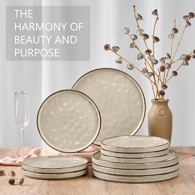 LIANYU 10.2 Inch Dessert Plates Set of 6, Ceramic Dinner Plates Dishes Set for Kitchen, Porcelain Serving Salad Plate, Chip & Scratch Resistant, Microwave, Oven and Dishwasher Safe, Sandy Beige