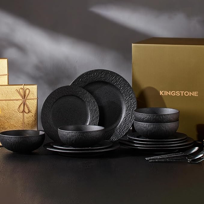 KINGSTONE Black Dinnerware Sets, 18-Piece Matte Marble Pattern Premium Porcelain, Place Setting with Dinner Plate, Salad Plate, Pasta Bowl, Microwave and Dishwasher Safe