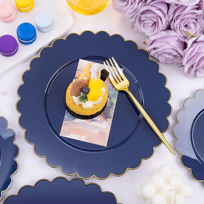 LIYH 60 Pcs Navy Blue Plastic Scalloped Plates with Gold Rim, Blue and Gold Disposable Plates for Party Included 30 Dinner Plate 10.25 30 Dessert Plate 7.5 Inch for Memorial Day,Independence Day