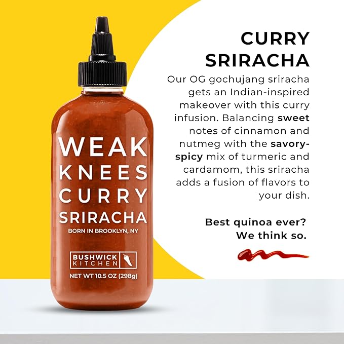 Weak Knees Curry Sriracha Hot Sauce - Infused with Aromatic Curry Spices & Bold Korean Gochujang Paste for Rice, Vegetables & Marinades - Made in the USA - 10.5oz Squeeze Bottle