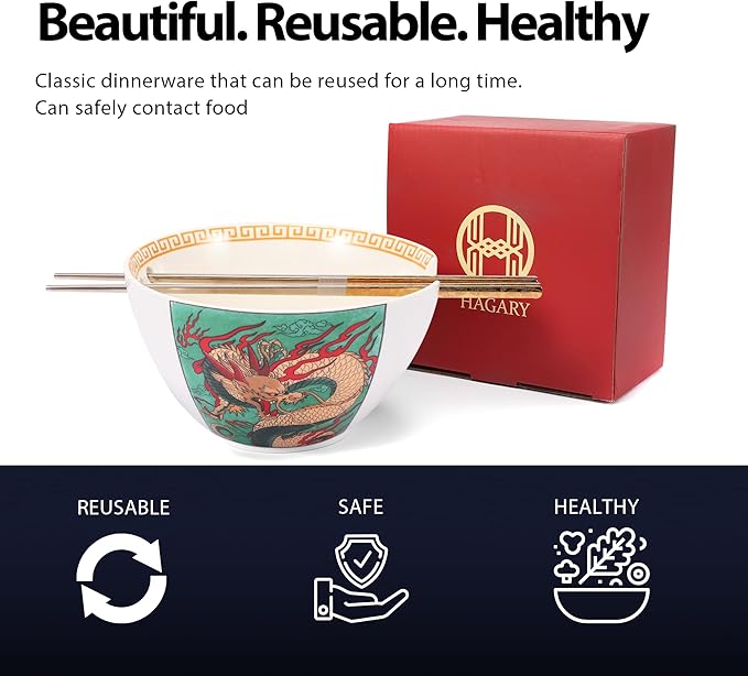 Hagary Dragon Ramen Bowl Ceramic Bowl Japanese Style Udon Miso Noodle Rice Soup Bowls with Stainless Steel Chopsticks Housewarming Wedding Gifts Designed in Korea (Gold, 20 oz)