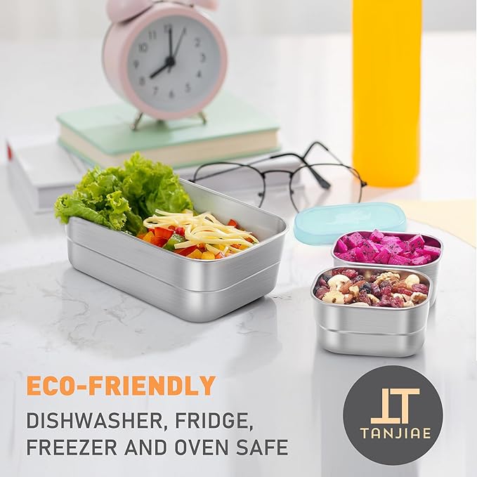 Tanjiae 3 CUP+1 CUP Stainless Steel Lunch Snack Containers Set | Leak Proof 304 Stainless Steel Food Containers with Silicone Lids - Perfect Metal Lunch Box for Home and Travel (25oz+8oz*2)