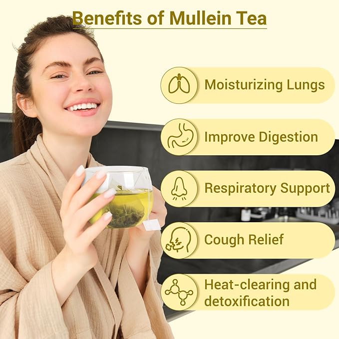 Mullein Tea Bags for Lungs, 100% Pure Mullein Leaf Tea for Lungs Cleanse and Respiratory Support, Caffeine Free, No Additives, Non-GMO (1 Pack/100 Bags)