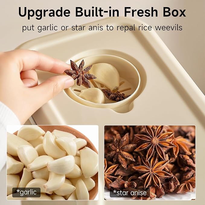 UFORU Rice Dispenser, Rice Storage Container with Measuring Cup for Kitchen Pantry Household, Dry Food Storage Containers Airtight, Sealed Moisture Proof, Cream White 11 Lbs