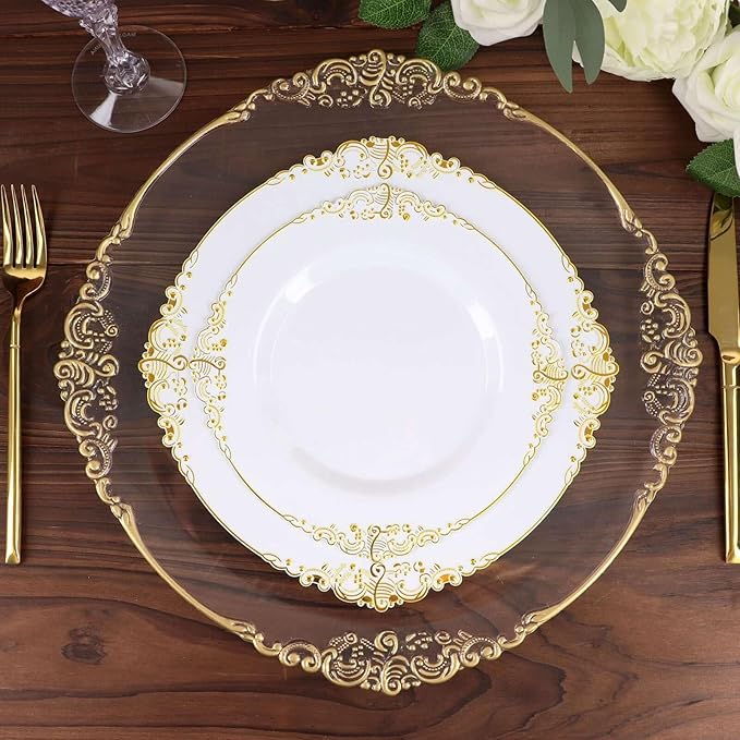 Efavormart 10 Pack | 8" White and Gold Baroque Dessert Plates, Leaf Embossed Metallic Rim Heavy Duty Appetizer Plates for Traditional Bridal Showers