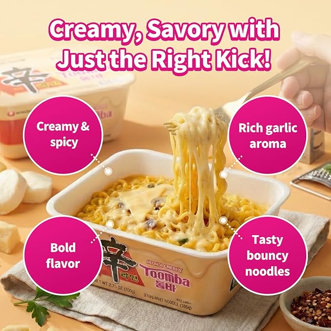 Nongshim Shin Ramyun Toomba Noodles Square Bowl, Creamy Korean Mac and Cheese Style Noodles, Gentle Kick of Spice, Korean Stir Fry Style Instant Noodles, Microwaveable, 3.73 oz (Pack of 6)