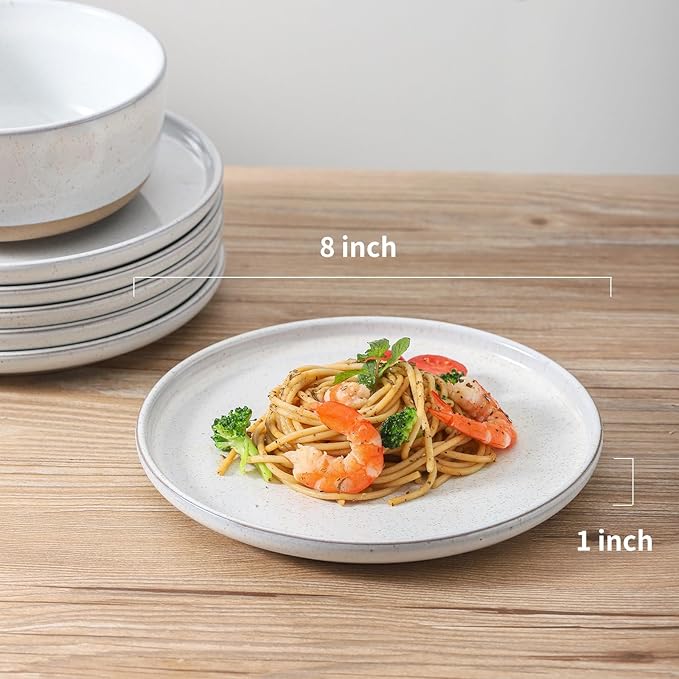 Ceramic Dinner Plates Set of 4 with High Edges, 8 Inch Glacier White Plates for Salad, Pasta and Steak, Oven＆Dishwasher Safe, Stoneware Plates with Matte Terracotta Base, Porcelain,Scratch Resistant